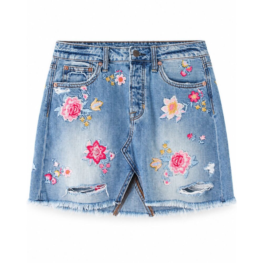 American Eagle Vintage Denim Skirt Size 4 Floral Embroidered Distressed NWT